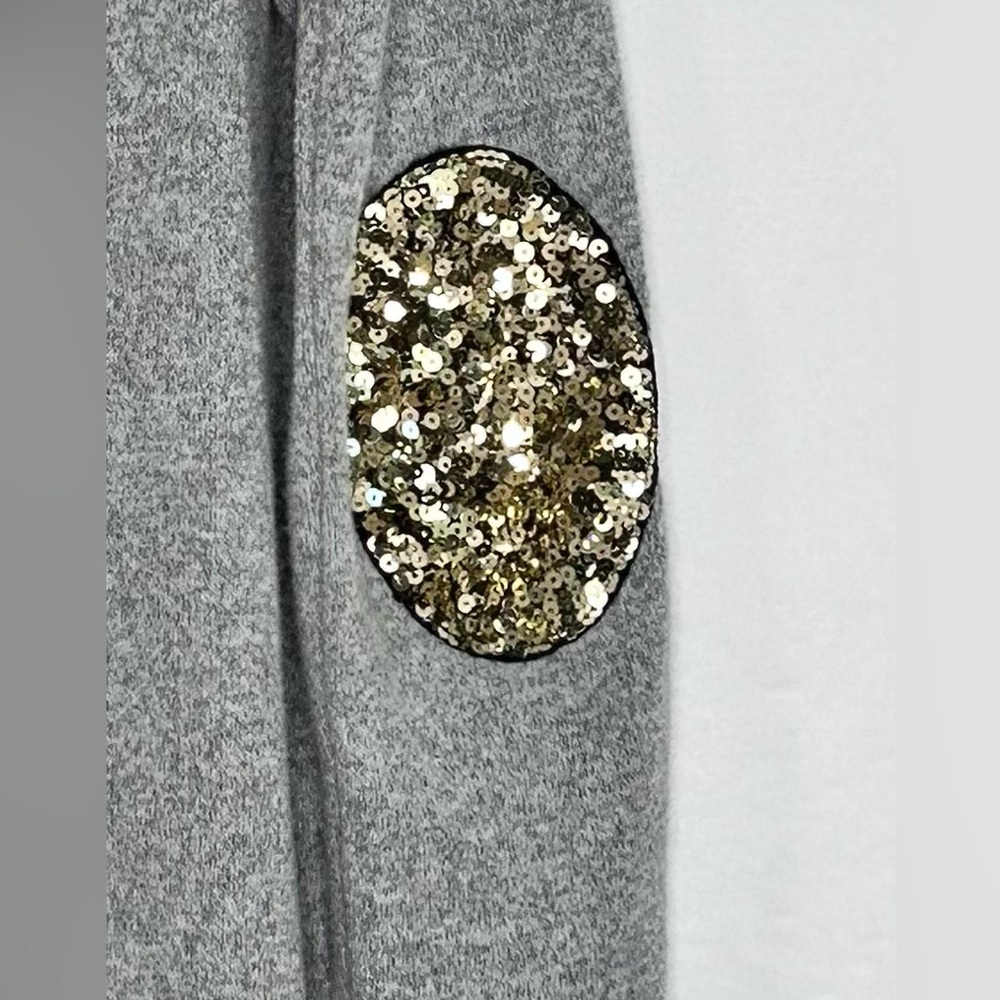 Betsy’s Boutique Shop Gray Open Cardigan Gold Sequin Elbow Patches Casual Sz XXL - Picture 7 of 8